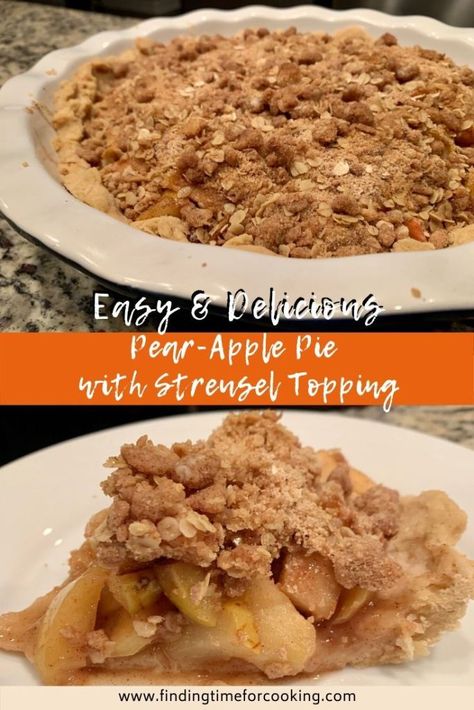 Easy & Delicious Pear-Apple Pie with Streusel Topping | This (semi-healthy) awesome pie recipe is perfect for both a quick weeknight dinner and all your holiday gatherings. It's fast, easy, and can be made ahead of time. This pie is a go-to recipe for my family for Thanksgiving or just because! #holidaydessert #pie #thanksgiving #pears #applepie Pear Apple Pie Recipe, Apple Pear Pie Filling, Pear Pie Filling Recipes, Pear Apple Pie, Apple Pear Recipes, Apple And Pear Pie, Apple Pie Streusel, Pear Pie Filling, Apple Pear Pie