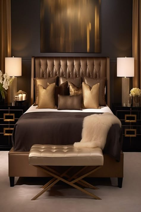 Brown And Gold Bedroom Decor, Brown And Gold Bedroom Ideas, Brown And Gold Bedroom, Chocolate Bedroom Ideas, Beige And Brown Bedroom Ideas, Bedroom Inspirations Brown, Brown And White Bedroom, Chocolate Brown Bedrooms, Brown Bedroom Ideas