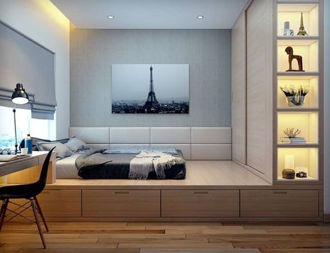 Minimalist Apartment Decor, Modern Apartment Decor, Modern Minimalist Bedroom, Apartment View, Bed Platform, Minimalist Apartment, Trendy Bedroom, Bed Desk, Simple Bedroom