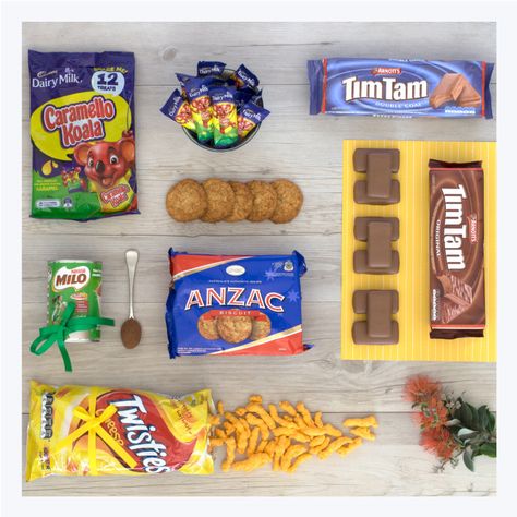 Aussie care package to send overseas including tim tams, caramello koalas, twisties, anzac biscuits and milo. Perfect for homesick Aussie or loved son / daughter living overseas in USA, UK or more. #australiangifts #timtams #australiansouvenirs #australiansnacks Australian Snacks, Australian Fauna, Anzac Biscuits, Australian Gifts, Tim Tam, Personalized Gift Cards, Australian Food, Australian Flora, Australia Day