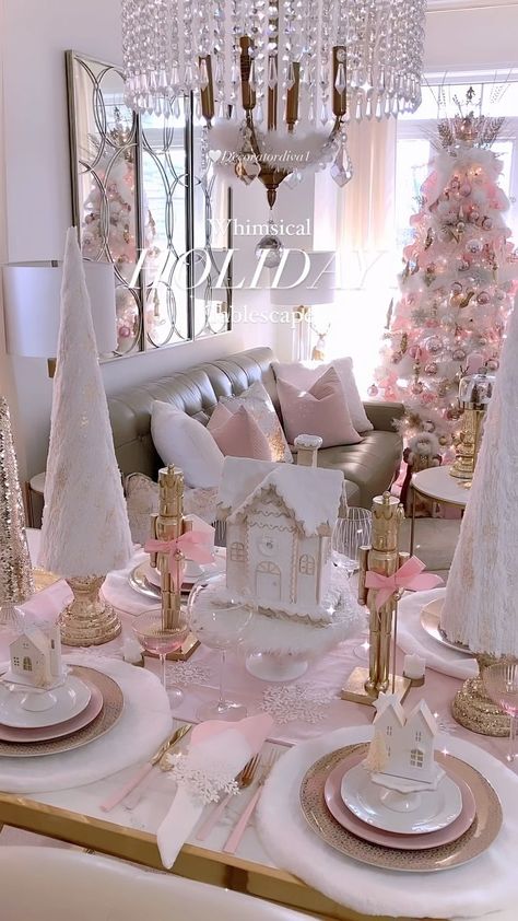 My Candyland Christmas table is set and ready for the weekend festivities!✨🍬🌸🍭🍽️🥂🍭🌸🍬✨ Layers of fun in pretty pastels inspired by these… | Instagram Pink Christmas Table Centerpieces, Pink Candyland Christmas Tree, Pink Christmas Dinner Table, Pink Kitchen Christmas Decor, Christmas Decor Ideas House, Pink Christmas Table Runner, Pink And White Christmas Aesthetic, Christmas Decor On Shelves, Candyland Table Decorations