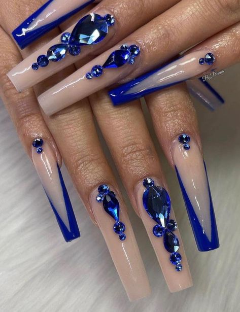 Blue rhinestone nails Fake Nails With Rhinestones, Blue Ombre Nails With Rhinestones, Fancy Rhinestone Nails, Royal Blue Nails Diamonds, Blue Long Nails With Gems, Navy Nails With Rhinestones, Acrylic Nails Blue Rhinestones, Navy Blue Rhinestone Nails, Blue Nails With Diamonds Rhinestones