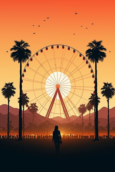 Palm Springs Festival radiates the spirit of a vibrant desert celebration, where art, music, and culture converge under the sun.  #palmsprings #coachella #coachella2024 #ferris wheel #festival #sunset #coachellavalley #palmtree #abstractart #desert #music #edm #sun #shapes #warm #vibrant #graphicdesign #yuma #mojave #california #homedecor #wallart #poster #painting #bedroom #livingroom #homeoffice #interiordesign Coachella Poster Design, Ferris Wheel Painting, Sunset Graphic Design, Coachella Poster, Mojave California, Suit Art, Desert Festival, Coachella Party, Painting Bedroom