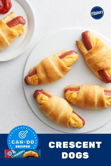 Pig-in-a-blanket meets Pillsbury crescents and melted cheese for some weeknight fun! Let the kiddos build their own crescent dogs by letting them roll the hotdogs in the dough. Just set out all the fixings and watch the family make their own rolled-up creations. Pigs In A Blanket With Cheese Recipe, How To Make Pigs In A Blanket With Crescent Rolls, Hot Dog Rolled In Cresent Rolls, Hotdogs In A Blanket, Crescent Roll Hot Dogs Pillsbury, Hot Dogs In A Blanket Crescent Rolls, Crescent Dogs With Cheese, Pillsbury Hot Dog Crescent Rolls, Cresent Roll Hotdogs