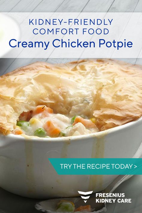 Looking for some kidney-friendly comfort food this holiday season? Our Creamy Chicken Potpie will do the trick. Make a double batch and freeze the extra to have whenever the craving hits. Kidney Friendly Recipes, Renal Friendly Recipes, Davita Recipes, Renal Recipes, Kidney Healthy Foods, Ckd Recipes, Kidney Friendly Recipes Renal Diet, Kidney Diet Recipes, Food For Kidney Health