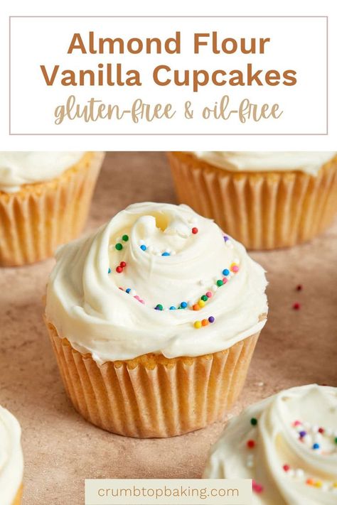 A vanilla cupcake topped with cream cheese frosting and sprinkles. Almond Flour Cupcakes Vanilla, Gluten Free Dairy Free Cupcakes, Almond Flour Cupcakes, Grain Free Cupcakes, Gf Cupcakes, Egg Free Cupcakes, Dairy Free Cupcakes, Strawberry Cupcake Recipes, Avocado Frosting