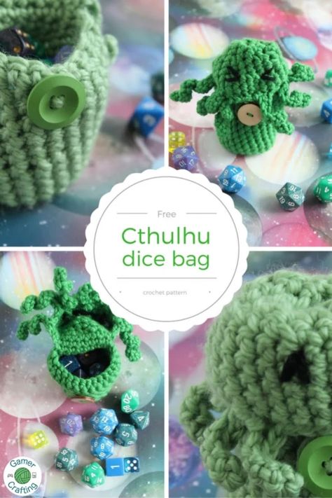 Free Cthulhu dice bag crochet pattern - GamerCrafting Yarns Dice Bag Crochet Pattern, Geeky Crochet Patterns, Crochet Presents, Geeky Craft, Crafting Corner, Dice Bags, Nerd Crafts, Bag Crochet Pattern, Crochet Geek