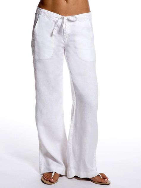 White linen pants Linen Pants Outfit Summer, White Linen Pants Outfit, White Linen Trousers, Mommy Things, Linen Pants Outfit, Summer Pants Outfits, Resort Wear For Women, White Linen Pants, Calvin Klein White