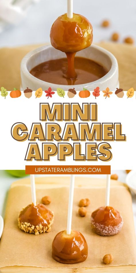 Mini Caramel Apples Mini Caramel Apple Dippers, Mini Carmel Apple Balls, Caramel Apple Wedges On A Stick, Caramel Apple Pie Bites, Fall Party Fruit Ideas, Caramel Apple Kabobs, Mini Caramel Apples Pops, Carmel Apple Bites Snacks, Carmel Apple Slices Halloween