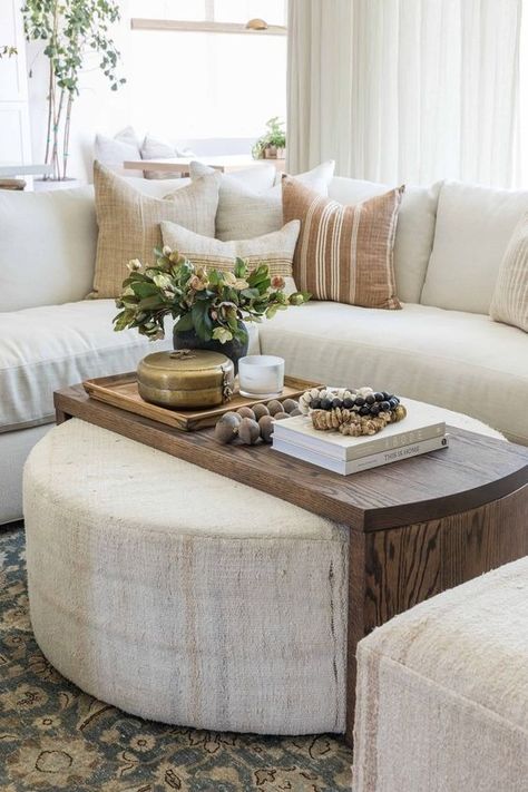 Ottoman Decorating Ideas: Design & Styling Tips Round Ottoman Coffee Table, Pure Salt Interiors, Pure Salt, Ottoman Decor, Neutral Living Room, Round Ottoman, Ottoman In Living Room, Ottoman Table, Living Room Inspo