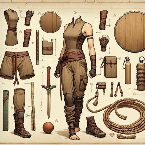 Fantasy Clothing Warriors, Character Design Items, Fantasy Workout Outfit, Fantasy Warrior Outfit Drawing, Female Rouge Outfit Dnd, Fantasy Workout Clothes, Casual Fantasy Outfits Drawing, Fantasy Archer Outfit, Fantasy Outfits Reference