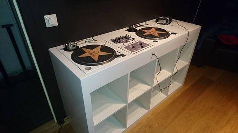 The project for my DJ Booth started with my turntables and mixer, since one turntable was black and the other silver. Dj Desk, Waterbed Frame, Dj Console, Turntable Setup, Turntable Furniture, Marshmello Dj, Dj Stand, Dj Table, Dj House