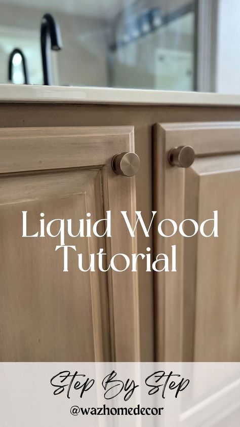 MICHELLE | Neutral Modern Home | Staining HACK!!! Here’s a liquid wood tutorial 🤩. Can you believe I didn’t sand these cabinets? And it cost me less than $50 to refinish… | Instagram Stained And Painted Cabinets Mixing, How To Re Stain Kitchen Cabinets, How To Make White Cabinets Look Like Wood, Staining Cupboards Kitchens, Distressed Cabinets Diy, How To Paint Cupboards, Sand Color Furniture, Staining Over White Paint, How To Bleach Wood Cabinets