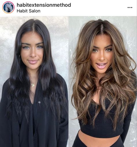 Dark Brown Hair Balayage Long Curtain Bangs, Black Hair To Blonde Before And After, Hair For Blue Eyes And Fair Skin, Black Hair To Brown Before And After, Black Hair To Brown, Black To Brown Hair, Dark To Light Hair, Balayage Hair Brunette With Blonde, Kadeřnické Trendy