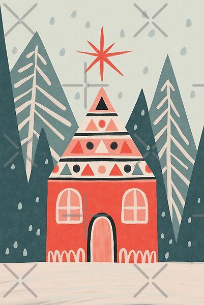 Cute & cozy winter illustration of a little red house. Inspired by Nordic folk art. Art by Miss Belle Folk House Decor, Folk Art House Illustration, Cozy House Illustration, Folk Christmas Illustration, Scandi Ornaments, Cozy Winter Illustration, Winter Folk Art, Nordic Folk Art, Blue Harvest