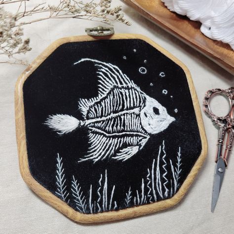 Fish Skeleton Embroidery, Skeleton Embroidery, Embroidery Wall Decor, Fish Embroidery, Wood Embroidery, Fish Skeleton, Black Velvet Fabric, Embroidery Wall, Gothic Home