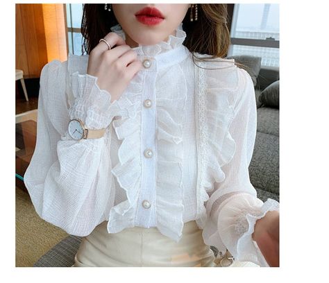 Collar Clothes, Stand Collar Blouse, Stand Collar Top, Princess Sleeves, Straight Clothes, Lace Chiffon, Women Blouse, Sleeve Women, Elegant Shirt