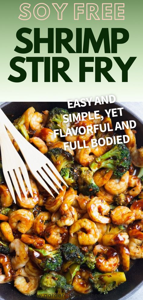 Shrimp and broccoli in a skillet with two small wooden forks Dairy And Soy Free Shrimp Recipes, Gluten Free Shrimp Stir Fry, Stir Fry Recipes Without Soy Sauce, Whole 30 Shrimp Stir Fry, Gluten And Dairy Free Shrimp Recipes, Soy Free Stir Fry Sauce, Dairy And Soy Free Recipes Dinners, Shrimp Recipes Gluten Free Dairy Free, Gluten Free Shrimp Recipes For Dinner