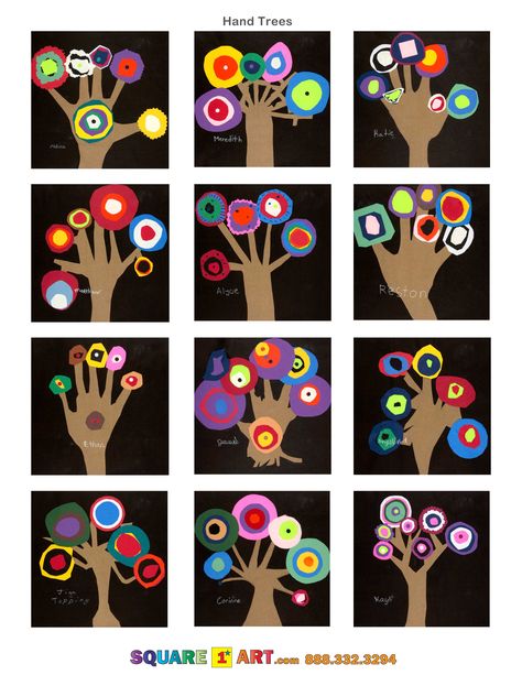 Hand Trees Medium: Construction paper, Scissors, White Crayon www.square1art.com Square One Art, Kandinsky For Kids, Plants Kindergarten, Square 1 Art, Grade 1 Art, Art Fundraiser, Kandinsky Art, Fall Flannel, Ecole Art