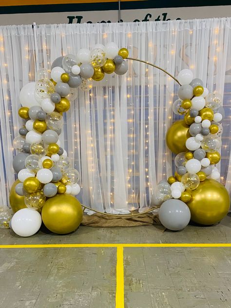 gold, silver, & white balloon arch Wedding Balloon Arch, White Balloon Arch, White Balloons, Wedding Balloons, Balloon Arch, Arch, Balloons, Rose Gold, Silver