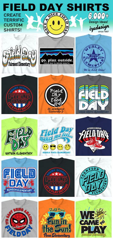 Field Day Shirts 2023/2024 - Custom Field Day T-Shirt Designs - Fun Field Day Shirt Design Ideas for an amazing Field Day. IZA Design has cute field day designs that you can customize for both teachers and students. The best elementary school field day designs for over 30 years. Jog A Thon Shirt Ideas, Field Day T Shirts, Field Day Themes Elementary, Field Day Tshirt Ideas, Field Day Tshirt Designs, Field Day Shirt Ideas, Field Day Themes, Field Day Shirts Design, Field Day Shirts Design Elementary