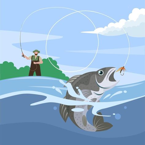 Flying fishing man, throwing bait on river surface, with underwater view, vector illustration. Fishing Aesthetic, Fishing Illustration, Giant Fish, Adobe Illustrator Graphic Design, Animated Man, Fish Vector, Fish Illustration, Kids Fishing, Fish Man