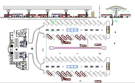 Elevation and ground floor details of bus terminal design dwg file Bus Stand Design, Bus Terminal Design Concept, Bus Terminal Design, Office Sitting Area, Car Park Design, Terminal Design, Parking Plan, Parking Lot Architecture, Bus Stop Design