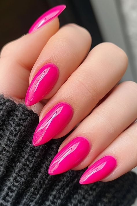 Hot pink almond nails. Hot Pink Ballerina Nails, Elle Woods Nails, Hot Pink Nails Almond, Bright Pink Almond Nails, Hot Pink Almond Nails, Hot Pink Almond, Pink Almond Acrylic Nails, Hot Pink Acrylic Nails, Dubai Nails