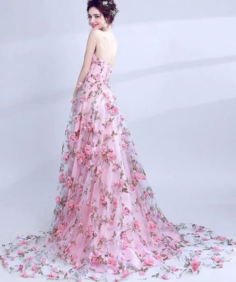 Really Lovely Bespoke Pink Satin Wedding or Party Dress with Chiffon 3D Flower Overlay & Corset Back Princess Fairy Dress, Fairy Wedding Dress, Prom Dresses Long Lace, Floral Prom Dresses, Pink Evening Dress, Ball Gowns Princess, Belle Rose, Rose Bonbon, Backless Prom Dresses