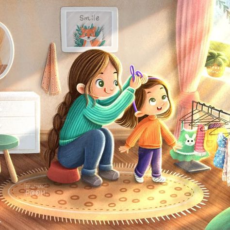 Illustrator Pooh (Hasula) on Instagram: "The bond between mother and daughter is a special kind of a bond which can never be replaced. It's attached to the deepest parts of our hearts and fills ourselves with happiness and joy each and everytime 🥰 I hope this illustration will make you smile and brings back some good old memories you had with your mother 😊🥰 . Swipe to see the full illustration, details and the timelapse video of how I colored this ☺️ . Have a beautiful day! 🌼 🍃❤️ . Music: h Mother Love Illustration, Mother And Daughter Illustration Art, Mother Daughter Cartoon Images, Mom With Two Daughters, Mom And Daughter Illustration, Kindness Illustration, Mother Daughter Illustration, Mother And Daughter Illustration, Mother And Daughter Bond