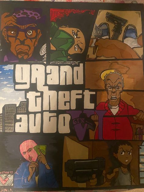 The Boondocks Drawing Style, Painting Ideas On Canvas Boondocks, Gta Paintings Canvas, Easy Boondocks Painting, Boondocks Painting Canvas Easy, The Boondocks Painting, Gta Paintings, Gta Painting, Boondocks Sketch