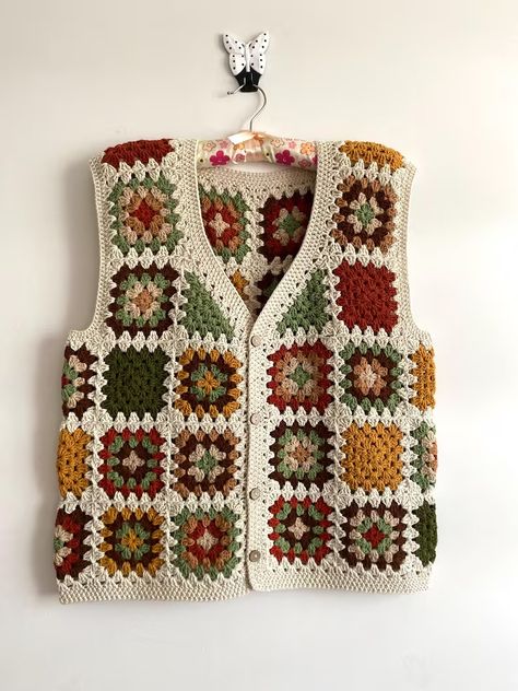 Crochet Granny Square Vest for Men, Unisex Vest, Crochet Sweater, Bohemian Vest, Hippie Clothing, Men for Buttoned Waistcoat, Vest for Women - Etsy Knit Vest For Men, Granny Square Vest Layout, Gilet Granny Square, Cool Crochet Granny Squares, Granny Square Crochet Color Combinations, Mens Crochet Vest, Granny Square One Color, Crochet Hippie Vest, Granny Square Vest Pattern