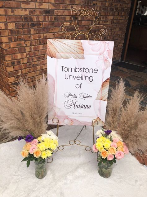 Tombstone Unveiling Ceremony Decor Ideas, Tombstone Unveiling Decor Ideas, Unveiling Decor Ideas, Tombstone Unveiling, South Africa Design, Africa Design, Garden Rock Border, Welcome Board, Welcome Boards