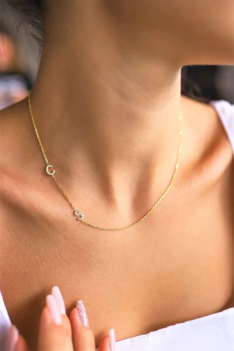 Sideways Initial Necklace, M Necklace, Diamond Initial Necklace, Nameplate Necklace, Necklace Diamond, Summer Necklace, Name Jewelry, Necklace Dainty, Elegant Necklaces