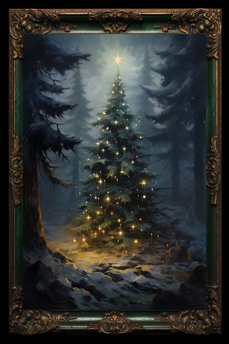 ✨ Description: Step into a winter wonderland with our captivating art print, "Enchanted Forest Yuletide." This exquisite piece brings the charm of Old World Christmas to life, featuring a magnificent tree adorned with timeless ornaments in the heart of a magical woodland. As the snowflakes gently kiss the forest floor, this artwork captures the essence of tradition and woodland whimsy, inviting you into a world where holiday magic dances among the trees. Let this art print grace your home, infusing your space with the enchantment of a Yuletide celebration straight out of a storybook. 🌲 Artistic Splendor: Meticulously crafted by our skilled artist, this Old World Yuletide Christmas Tree art print exemplifies artistic splendor. Every intricate detail, from the delicate baubles to the snow-d Moody Yule Decor, Forest Christmas Aesthetic, Winter Woodland Christmas Decor, Pagan Christmas Decor, Christmas Forest Wonderland, Pagan Christmas Decorations, Dark Christmas Decor, Winter Solstice Art, Christmas Tree Paintings