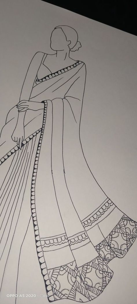 Lehenga Outline Sketch, Saree Outline Sketch, Saree Designs Drawing, Traditional Dresses Sketch, Traditional Dresses Illustration, Saree Drawing Sketches, Saree Illustration Sketch, Desi Sketch, Traditional Wear Illustration