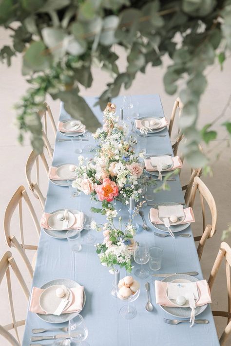 Cottage Wedding Table Setting, Pastel Floral Arrangements, Blue Table Cloth, Pink Table Settings, Blue Table Settings, Pale Blue Wedding, Ruffle Wedding Cake, Wedding Tableware, Blue Tablecloth