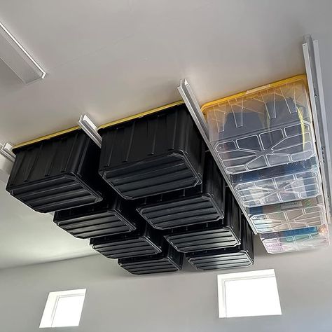 Heavy Duty Storage Bins, Garage Storage Rack, Bin Rack, Garage Attic, Overhead Garage Storage, Garage Storage Racks, Overhead Garage, Garage Storage Systems, Storage Inspiration