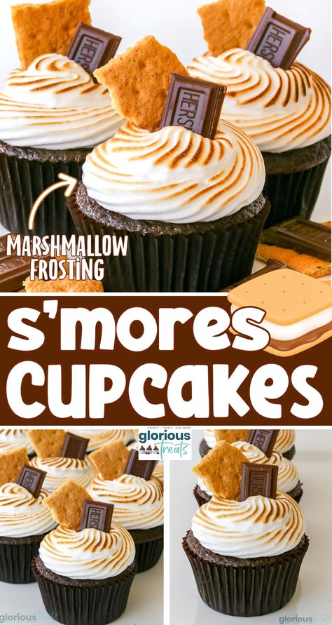 This amazing S’mores Cupcake recipe delivers all the flavors of classic s'mores in a moist and decadent cupcake! These smores cupcakes give you all that awesome campfire flavor without the mess. Sure to be a hit at all your parties this summer! | GloriousTreats.com S'mores Cupcakes Marshmallow Frosting, Chocolate Smores Cupcakes, Smores Cupcakes Marshmallow Filled, Cupcake Recipes Smores, Campfire Cupcakes Camping Birthday, Mini Smores Cupcakes, Smore Cupcakes Recipe, S’mores Cupcakes With Marshmallow Frosting, S’more Cake Recipe