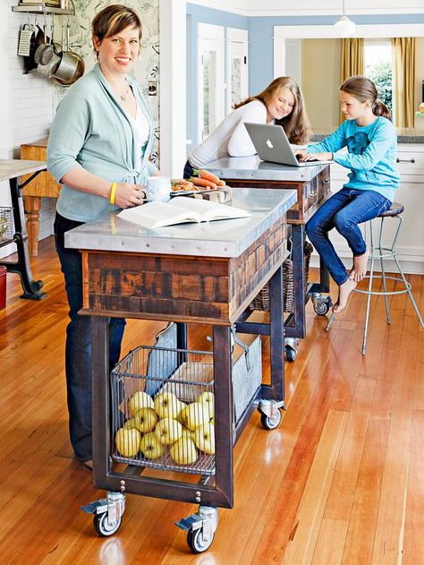 moveable islands are a great addition to any kitchen needing more counter or storage space #hgtvmagazine http://www.hgtv.com/kitchens/one-of-a-kind-kitchen-design/pictures/page-5.html?soc=pinterest# Sewing Table Diy, Small Kitchen Islands, Moveable Island, Diy Sewing Table, Unique Kitchen Design, Quirky Kitchen, Kitchen Design Pictures, Rolling Kitchen Island, Small Kitchen Island