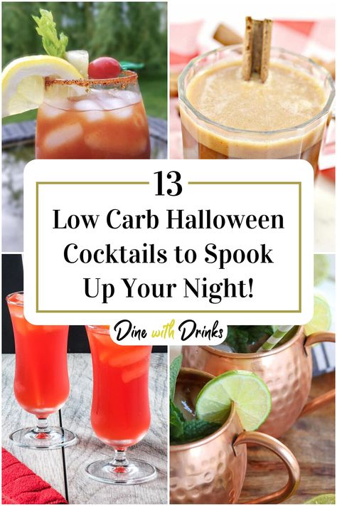 Collage of 4 low carb halloween cocktails. Halloween Punch Alcohol, Cocktails Healthy, Sugar Free Alcohol, Low Carb Alcoholic Drinks, Spooky Movie Night, Halloween Alcohol, Spooky Cocktails, Sugar Free Cocktails, Halloween Punch Recipes