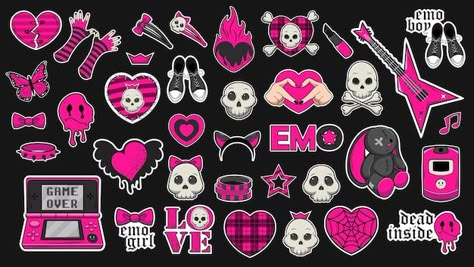 Vector set of trendy emo stickers in bla... | Premium Vector #Freepik #vector #black #rock #vintage #trendy Emo Stickers, Pink Emo, Creative Story Ideas, Y2k Scene, Pattern Game, Moda Emo, Games Design, Victorian Steampunk, Red Walls