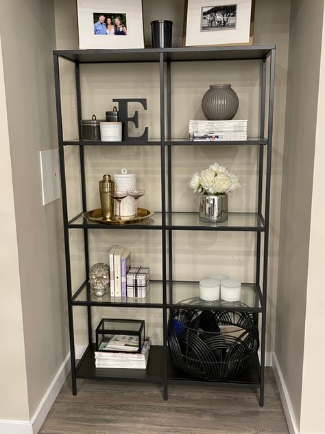 Ikea Vittsjo glass shelving unit in black. The perfect display piece for trinket lovers! Glass Display Cabinets, Glass Shelving Unit, Ikea Vittsjo, Glass Shelving, Glass Cabinets Display, Display Cabinets, Business Casual Outfits For Work, Glass Furniture, Glass Display