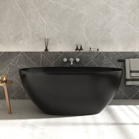 Black Bathtub Bathroom, All Black Bathroom, Decorating Bathrooms, Black Bathtub, Luxurious Bathtubs, Stand Alone Tub, Stone Bathtub, Resin Stone, Black Bath