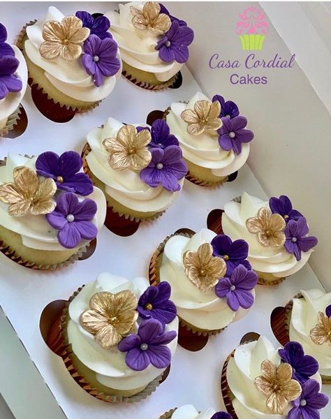 Purple and Gold Cupcakes Purple And Gold 80th Birthday, 50th Birthday Purple And Gold, 50th Birthday Ideas Purple, 50th Birthday Ideas For Women Purple And Gold, Purple White Gold Party, Purple And Gold 50th Anniversary, 50th Birthday Cake Purple And Gold, Purple And Gold Candy Table, Purple Gold Decorations