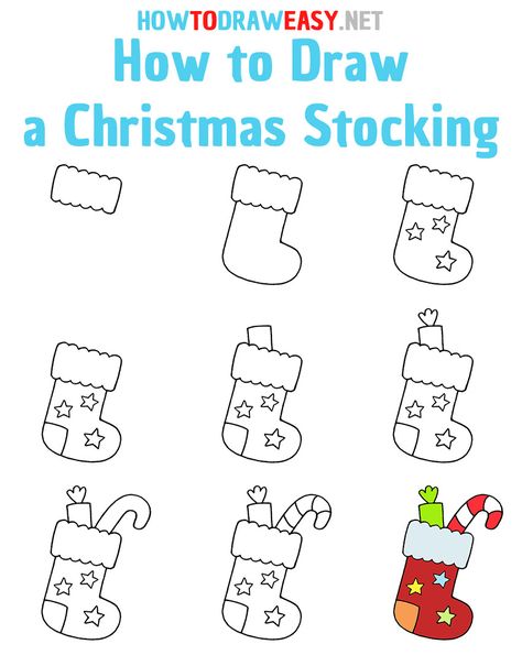 How to Draw a Christmas Stocking Step by Step #HappyNewYear #MerryChristmas #Santa #SantaClaus #NewYearDrawing #Christmas #Xmas #ChristmasStocking #DrawingChristmasStocking #DrawChristmasStocking #ChristmasStockingDrawing #ChristmasDrawing #XmasDrawing #stepbystep Christmas Drawings Tutorials, How To Draw A Christmas Stocking, Easy Christmas Doodles To Draw, Christmas Stocking Drawing Easy, Easy Santa Drawing Step By Step, Step By Step Christmas Drawings For Kids, How To Draw A Christmas Ornament, Kids Christmas Drawings Easy, How To Draw A Stocking