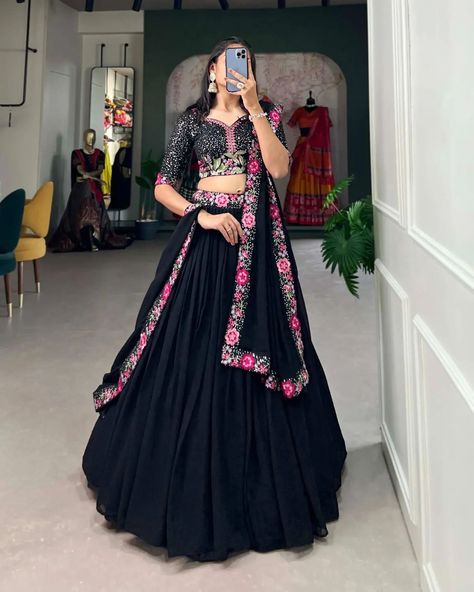 *🌷Lehenga Choli🌷* Enchanted Evenings: Georgette Lehenga Choli Adorned with Sequins and Delicate Embroidery 🖤 *LNB1403BLK* *Lehenga(Stitched)* Lehenga Fabric : Georgette Lehenga work : Plain With Sequins and Thread Embroidery Work Belt Lehenga Waist : SUPPORTED UP TO 42 Lehenga Closer : Drawstring with Zip Stitching : Stitched With Canvas and Can Can Length : 41 Flair : 5 Meter Inner : Silk *Blouse(Unstitched)* Blouse Fabric : Georgette Blouse Work : Sequins and Thread Embroidery Work ... Belt Lehenga, Bridesmaid Lengha, Zip Stitching, Lehenga Stitched, Lehenga Choli Latest, Black Lehenga Choli, Reception Gowns, Lehenga Choli Designs, Bridesmaid Lehenga