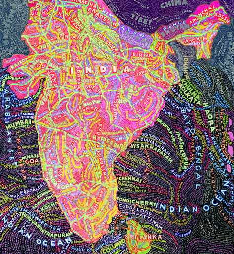 This piece by Paula scher shows a collection of words in different colors and fonts forming India! Her style includes many pastel colors and graphic fonts in order to create her image David Carson, Paula Scher, India Map, Art Carte, Japanese Graphic Design, Design Typography, Map Design, Typography Inspiration, Library Of Congress