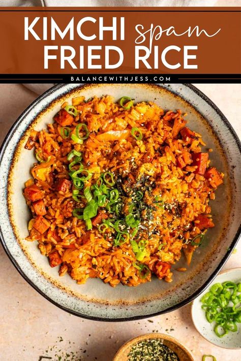 If you love Korean food, you'll need to try kimchi bokkeumbap, or kimchi spam fried rice! Made with a spicy gochujang sauce, this easy Korean recipe is loaded with spam, kimchi, and eggs. Substitute your spam for chicken, bulgogi or pork belly, and pair with your favorite Korean side dishes. Kimchi Spam Fried Rice, Kimchi Fried Rice With Spam, Korean Spam Recipes, Korean Spam, Eggs Substitute, Spam Recipes Dinners, Kimchi Bokkeumbap, Chicken Bulgogi, Chinese Noodle Dishes