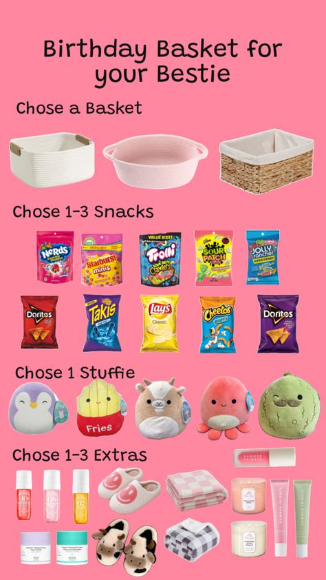 Pick and Chose a Birthday Basket for your Bestie Best Friend Birthday Basket, Easy Gift Baskets, Birthday Baskets, Starburst Minis, Halloween Sleepover, Making A Gift Basket, Creative Birthday Cards, Bestie Birthday, Birthday Basket